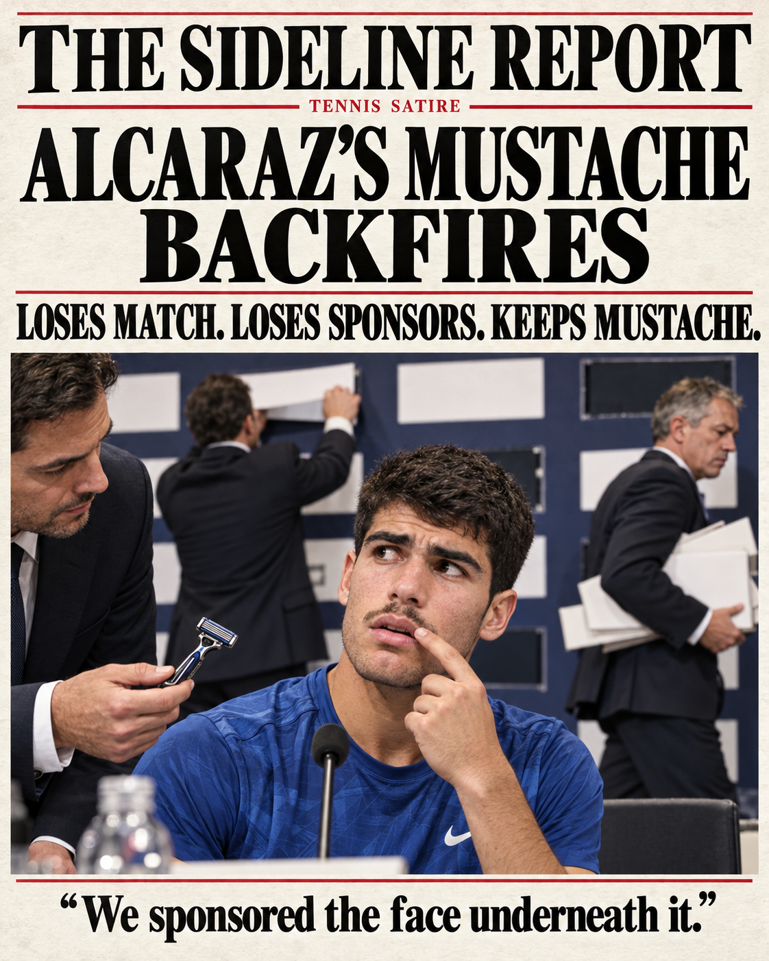 Alcaraz considers his next move as sponsors pack up and an agent offers a razor. AI-generated sports-satire artwork.
