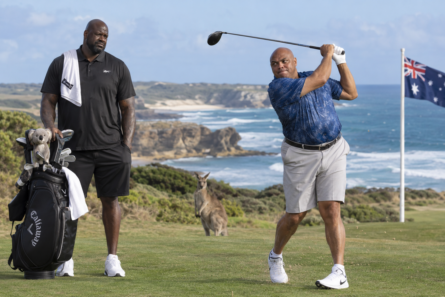 Charles Barkley takes aim in Australia with Shaquille O’Neal on the bag.
