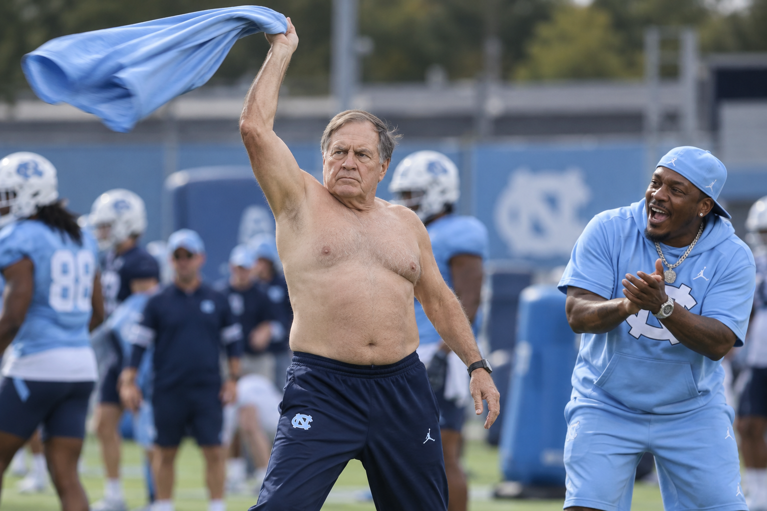 Belichick puts the new culture program into practice. AI-generated satire image.
