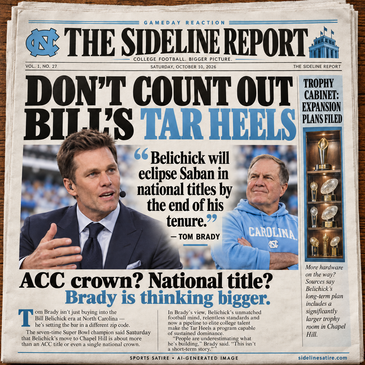 Tom Brady sets the expectations for Bill Belichick’s Tar Heels. Sports satire; AI-generated newspaper artwork.