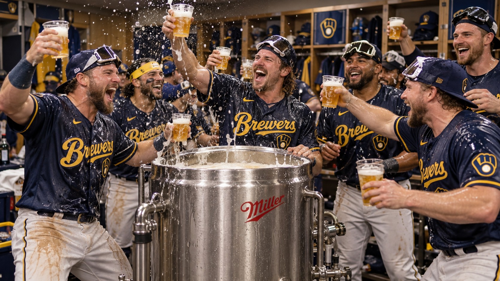 Milwaukee’s clubhouse celebrates around the postseason’s most closely guarded steel drum.