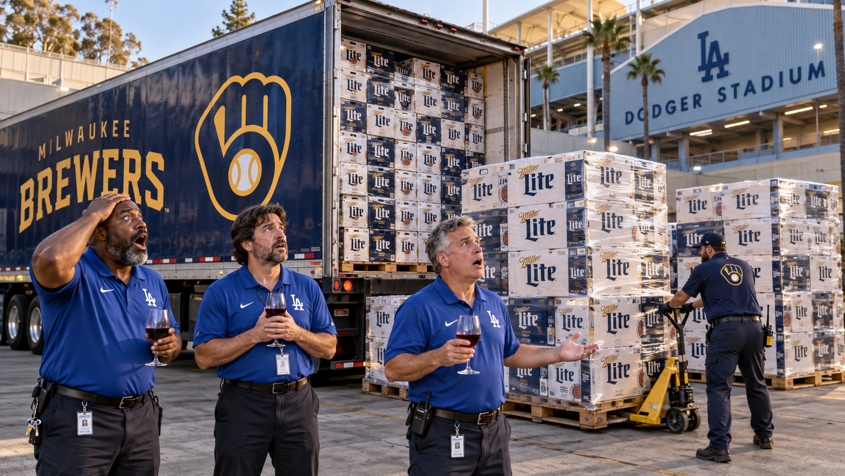 Milwaukee unloads its priorities outside Dodger Stadium. The welcoming committee brought wine glasses.