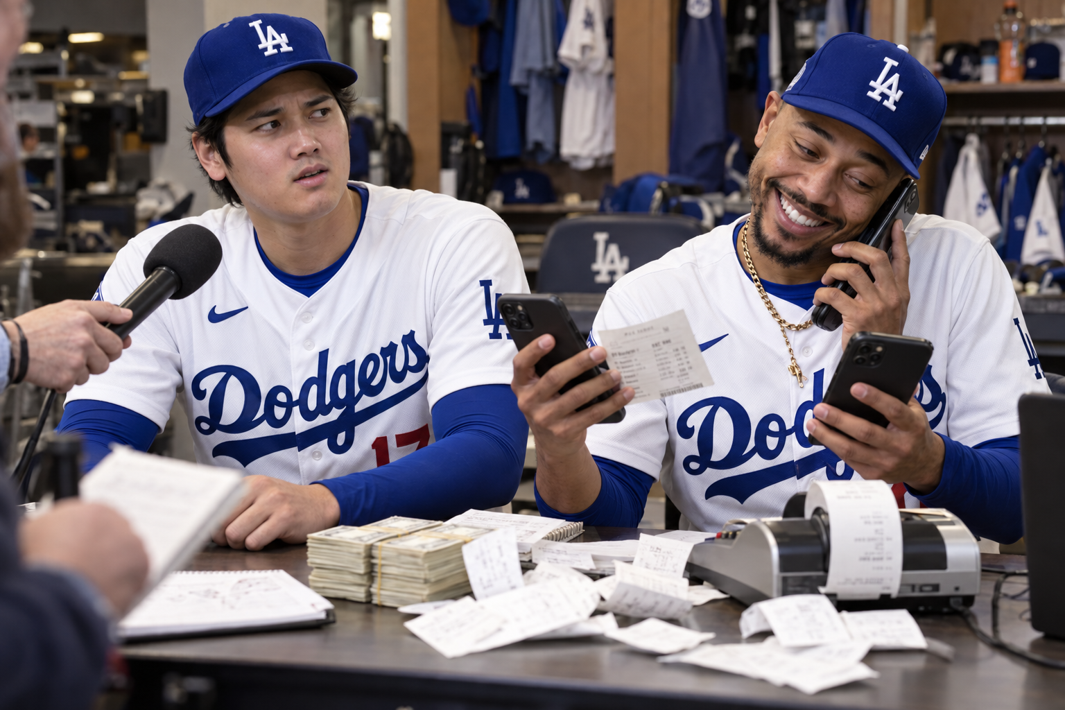 Ohtani fields questions while Mookie keeps the phones busy in the Dodgers clubhouse.