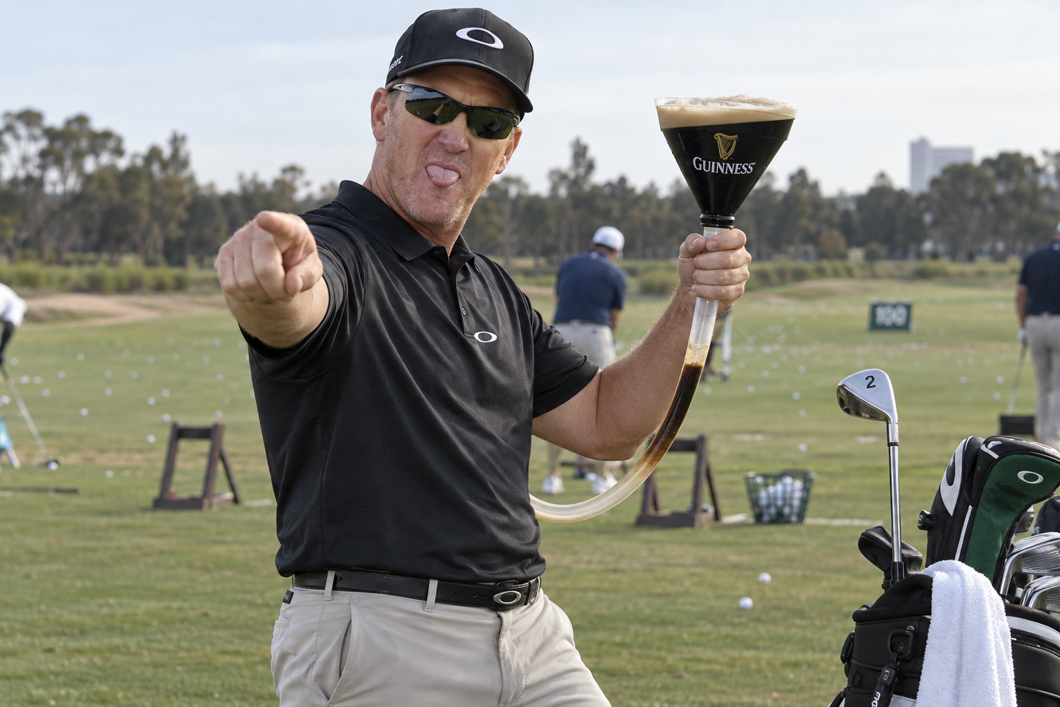 David Duval brings a beer funnel and a challenge to the driving range.