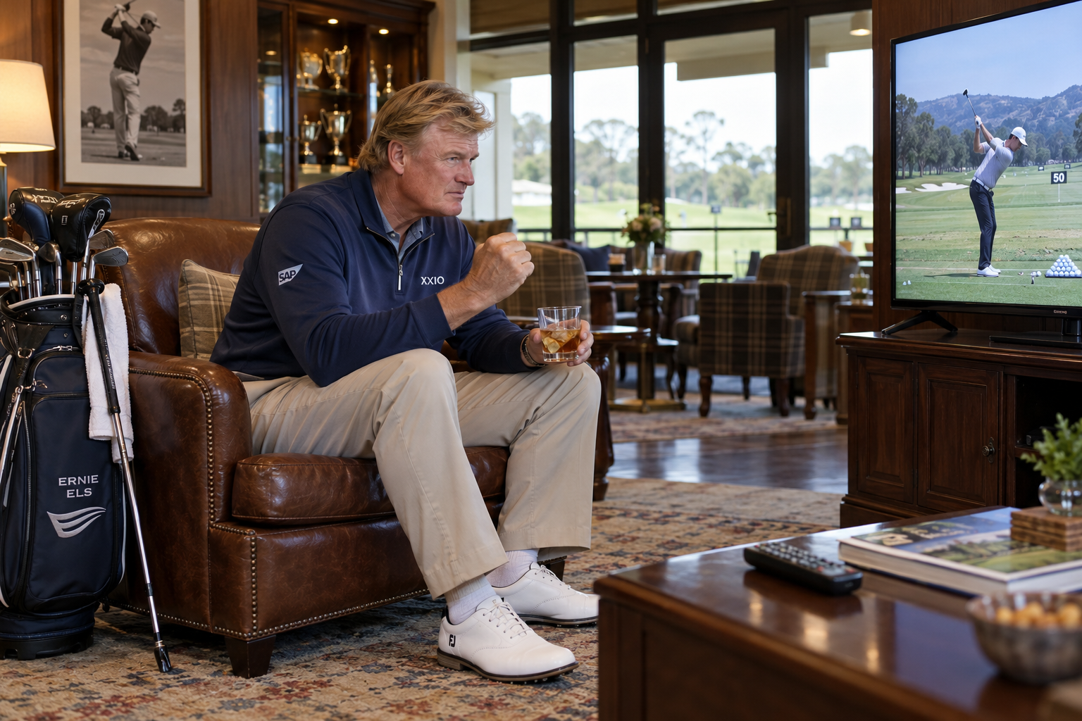Ernie Els monitors the comeback coverage with his clubs close at hand.