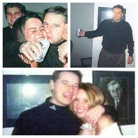 Archival collage of Larry Eustachy holding a beer can at a college party