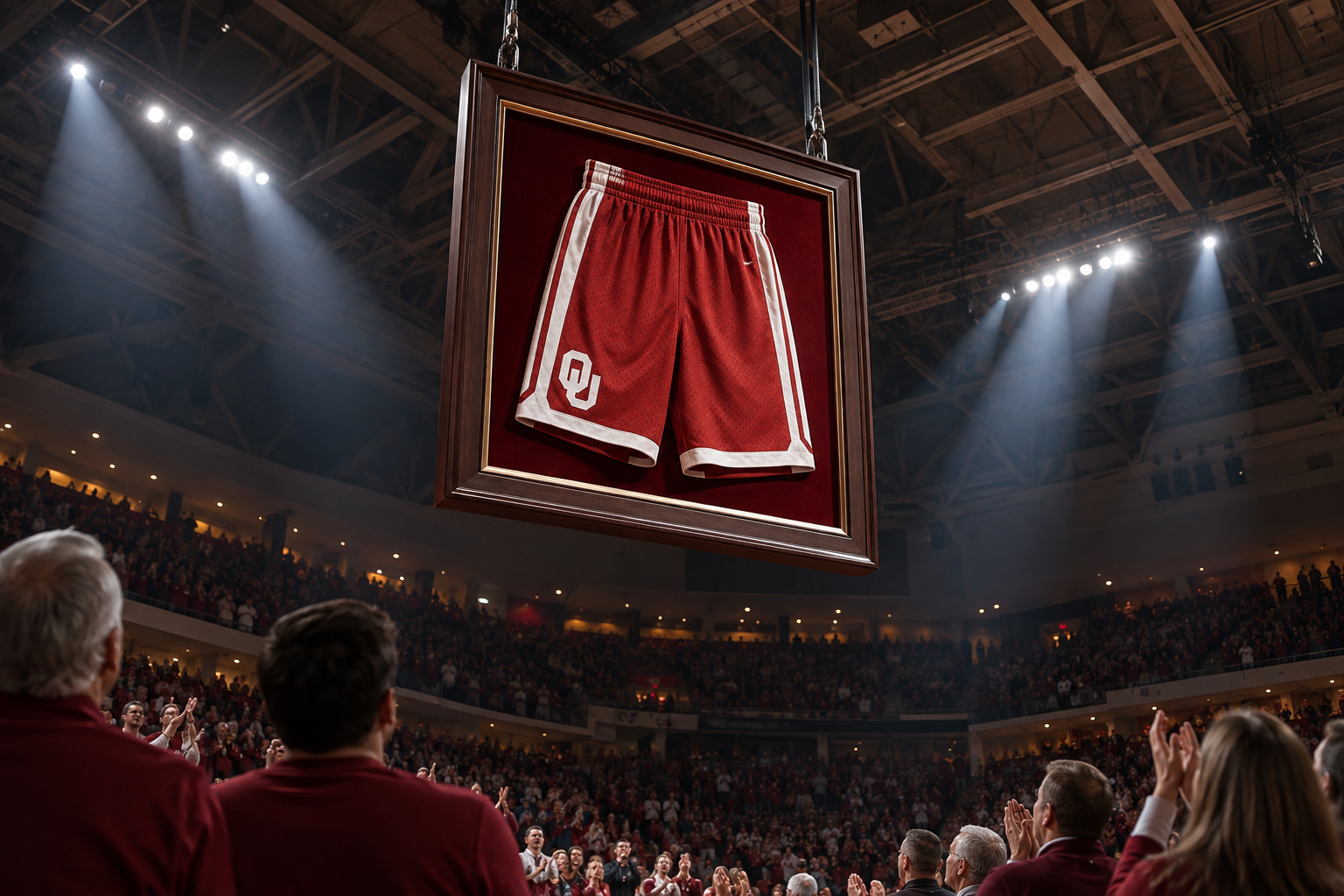 Framed OU basketball shorts rise into Lloyd Noble Center’s rafters.