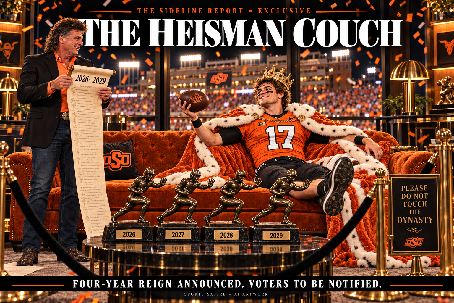 Gundy arrives for a one-on-one and leaves in charge of the coronation. Four-year reign announced; voters to be notified. AI-generated editorial artwork.