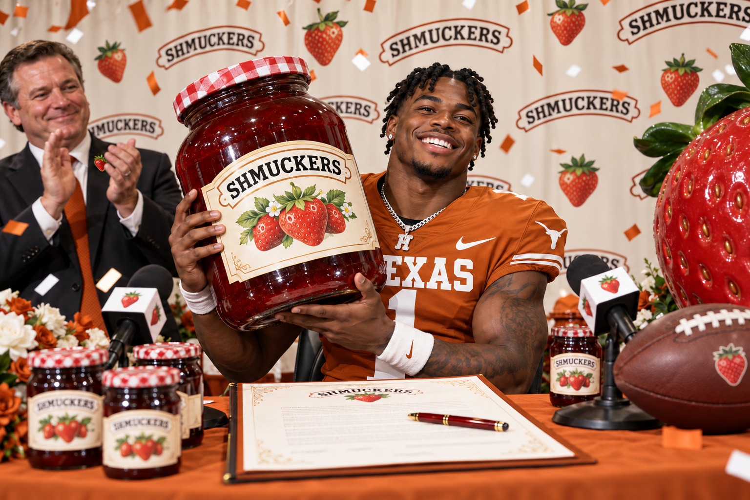 Texas running back Hollywood Smothers celebrates his Shmuckers endorsement with a trophy-sized jar of strawberry preserves.