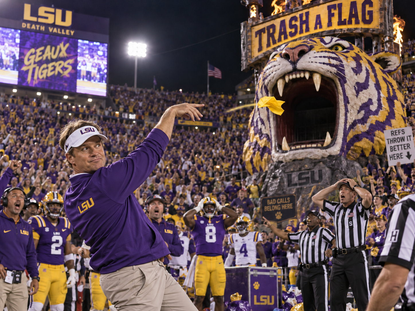 Lane Kiffin feeds a penalty flag to LSU’s giant tiger while Tiger Stadium celebrates. AI-generated sports-satire artwork.