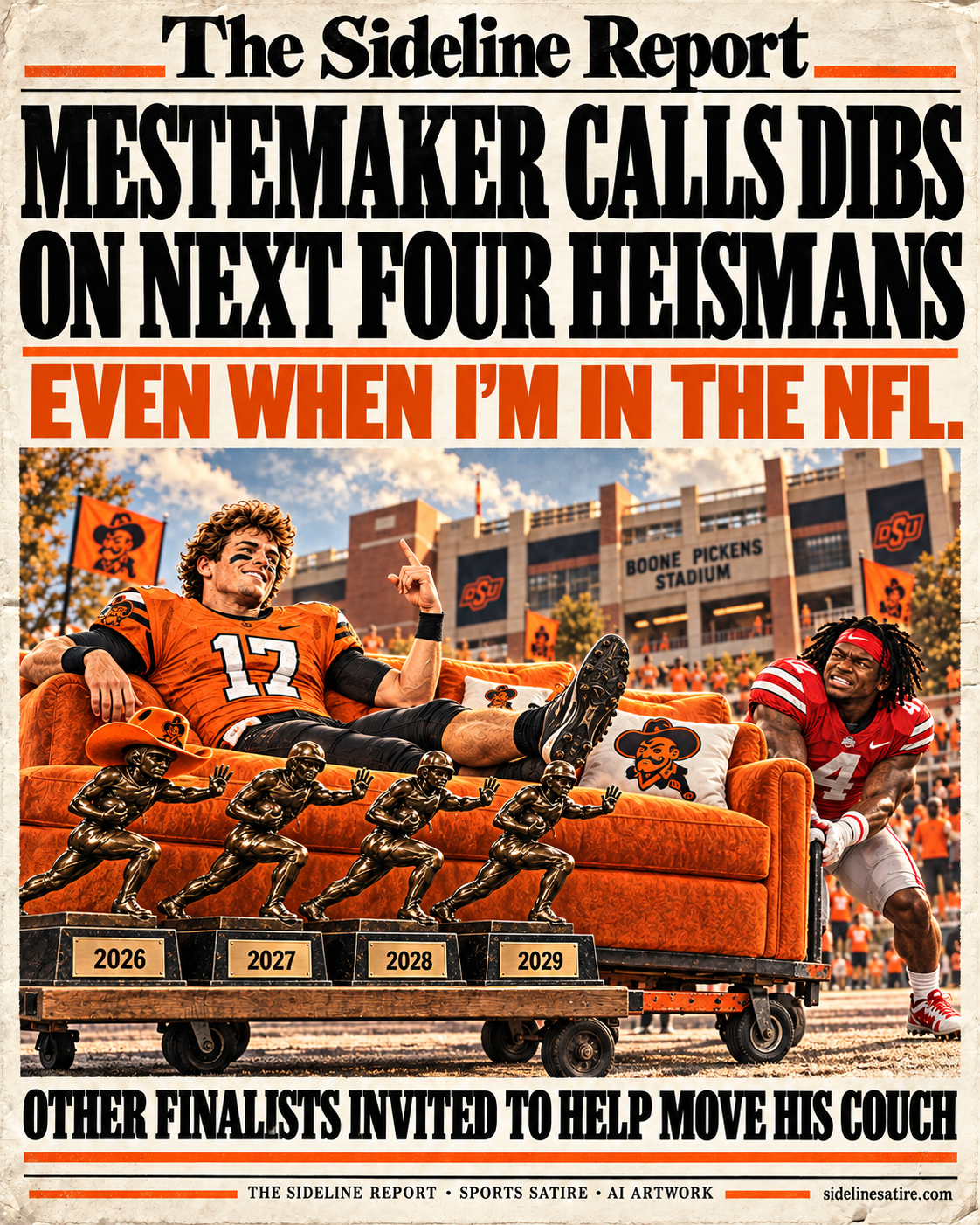 Mestemaker relaxes with his claimed 2026–2029 Heismans while Jeremiah Smith handles the move. AI-generated sports-satire artwork.