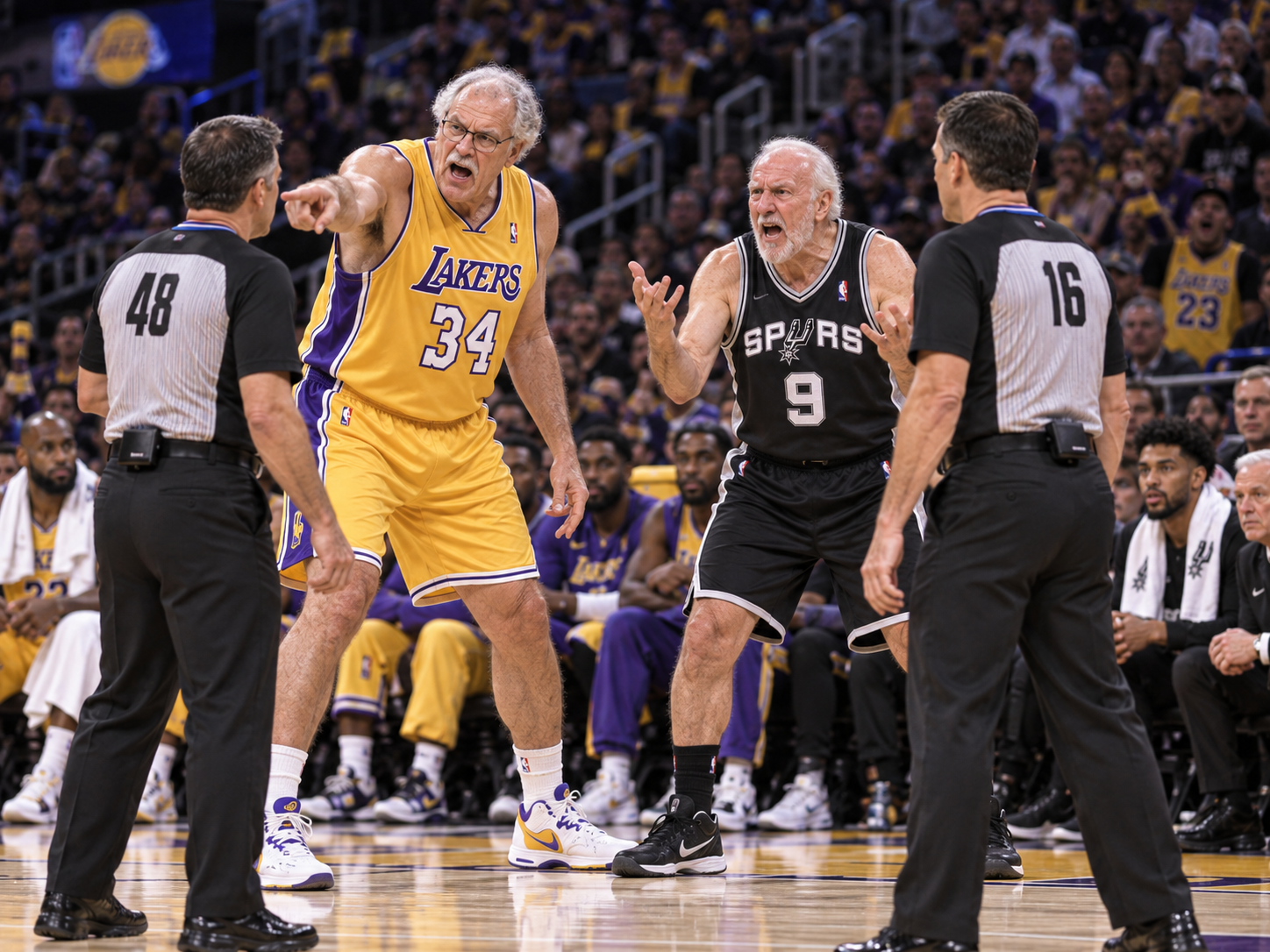 Phil Jackson and Gregg Popovich demonstrate the new dress code: full uniforms, full outrage.