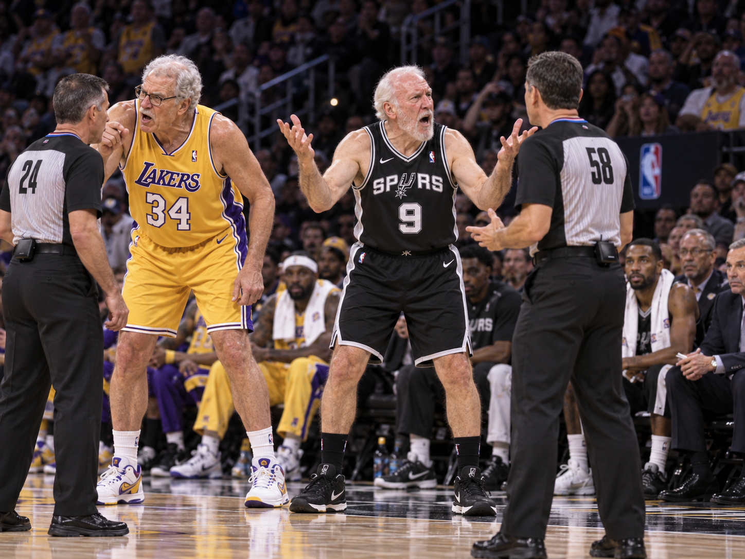 Another view of Phil Jackson in a Lakers uniform and Gregg Popovich in a Spurs uniform disputing calls with referees