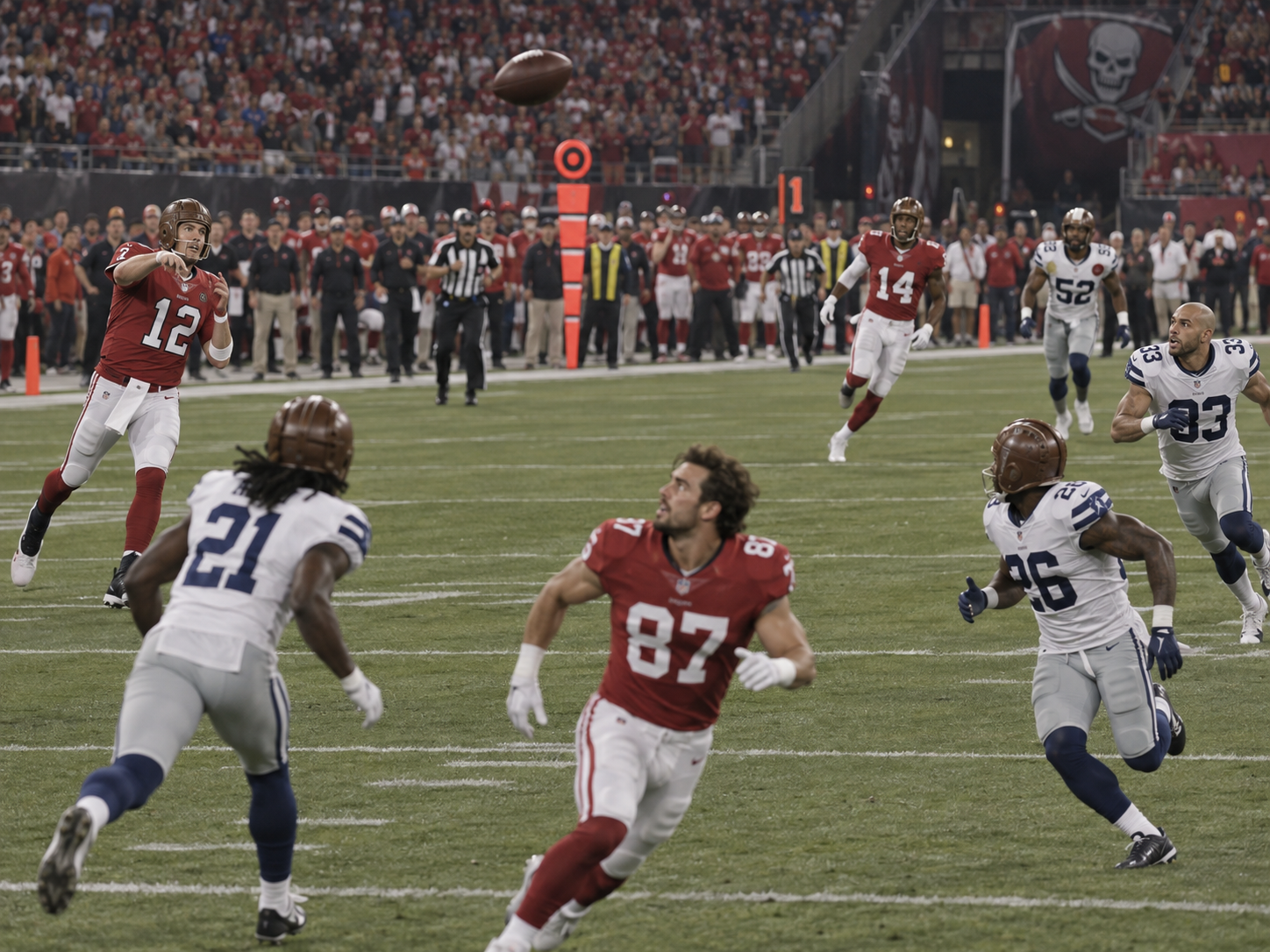 No. 87 runs a pass route without a helmet while other players wear leather helmets