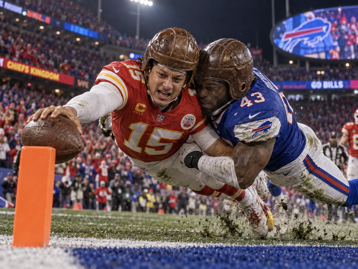 Patrick Mahomes dives for the end zone as a Bills defender demonstrates the league’s new leather-to-leather protocol.