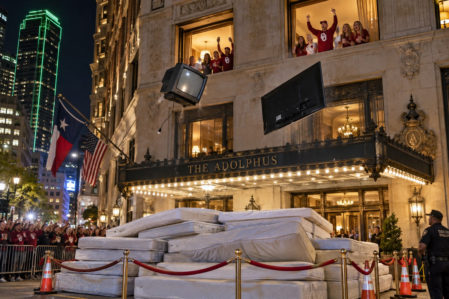 Old televisions and new flat screens take flight outside the Adolphus as Dallas celebrates Oklahoma’s victory.