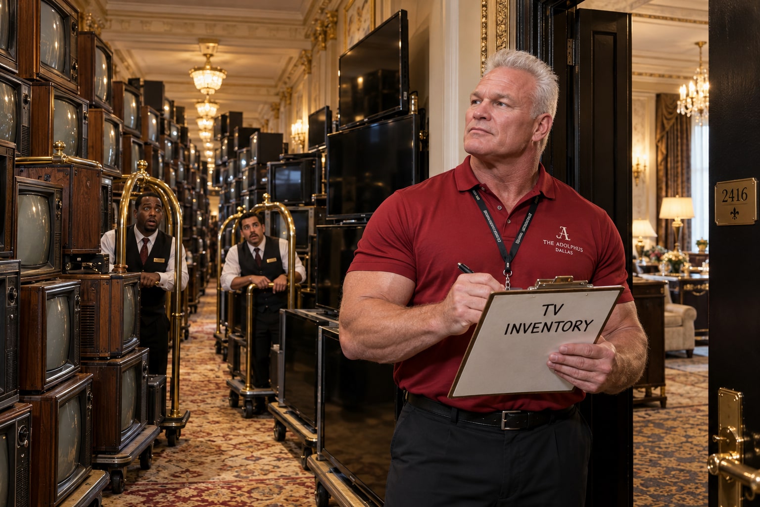 Brian Bosworth audits the hotel’s CRT and flat-screen inventory before Switzer’s Dallas ’85 revival.