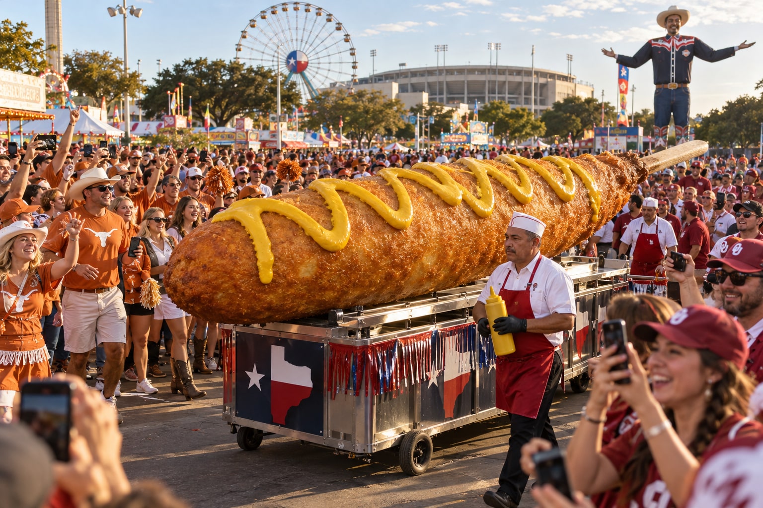 OU and Texas fans escort an oversized corn dog through the State Fair as mustard supplies enter a critical phase.