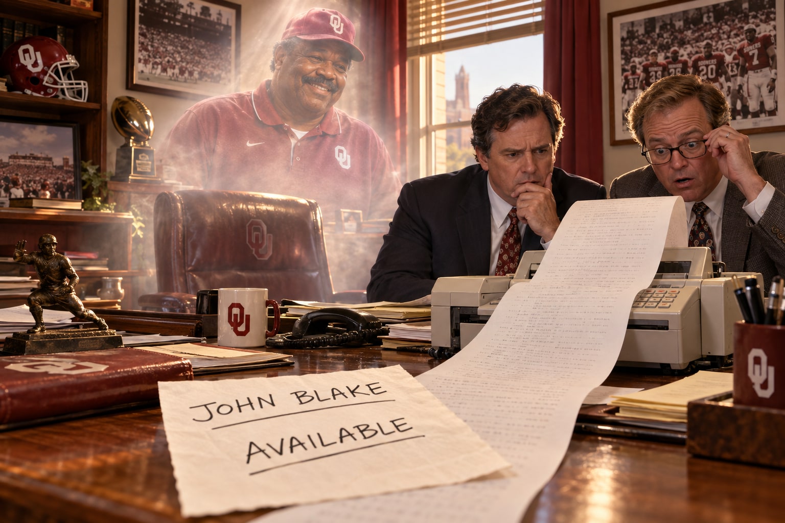 An apparition of John Blake joins a coaching search committee meeting conducted by fax and increasingly nervous eye contact.