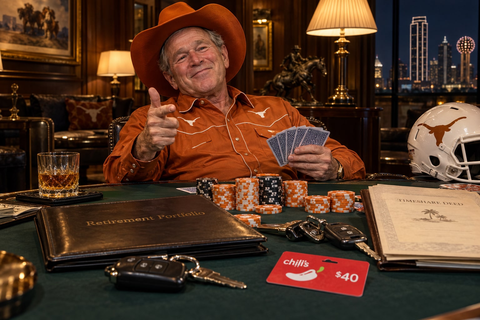 Jorge W.B. presents his remaining liquid assets, including a restaurant gift card still attached to its cardboard backing.