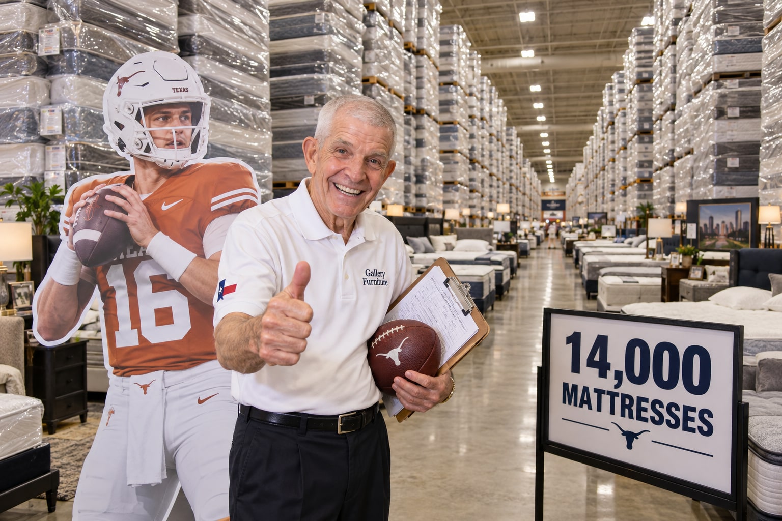 Mattress Mack surveys his Arch Manning position, measured in king, queen and dangerously exposed twin.