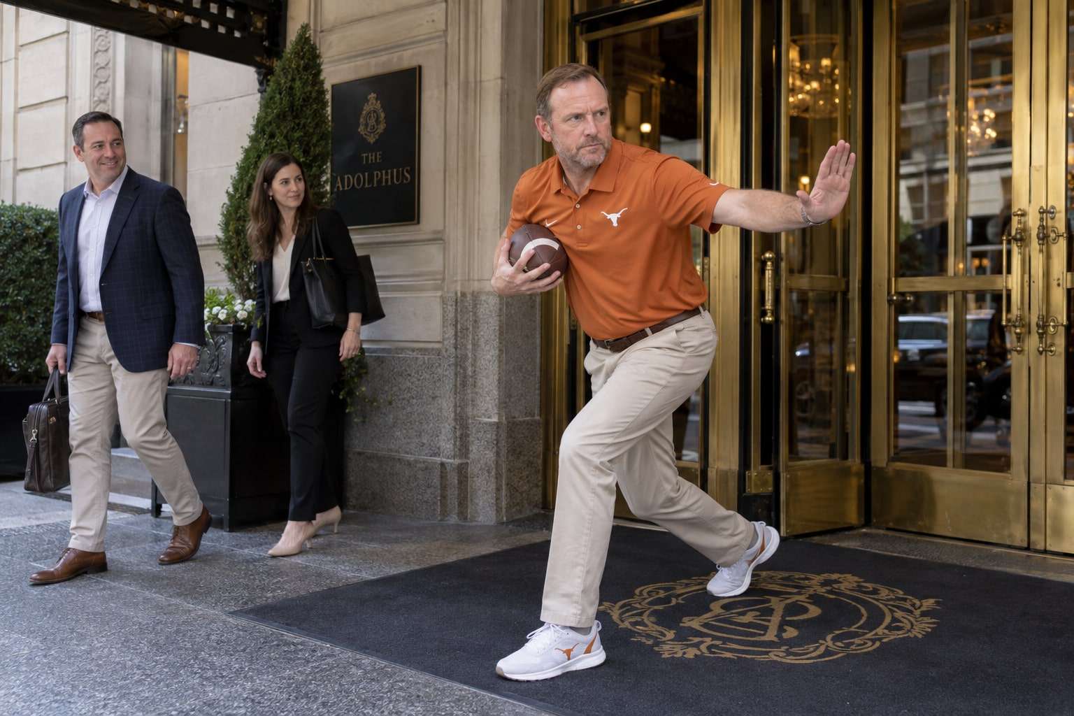 Major Applewhite demonstrates the proper Heisman pose outside the hotel while waiting for his limousine to be named the starter.