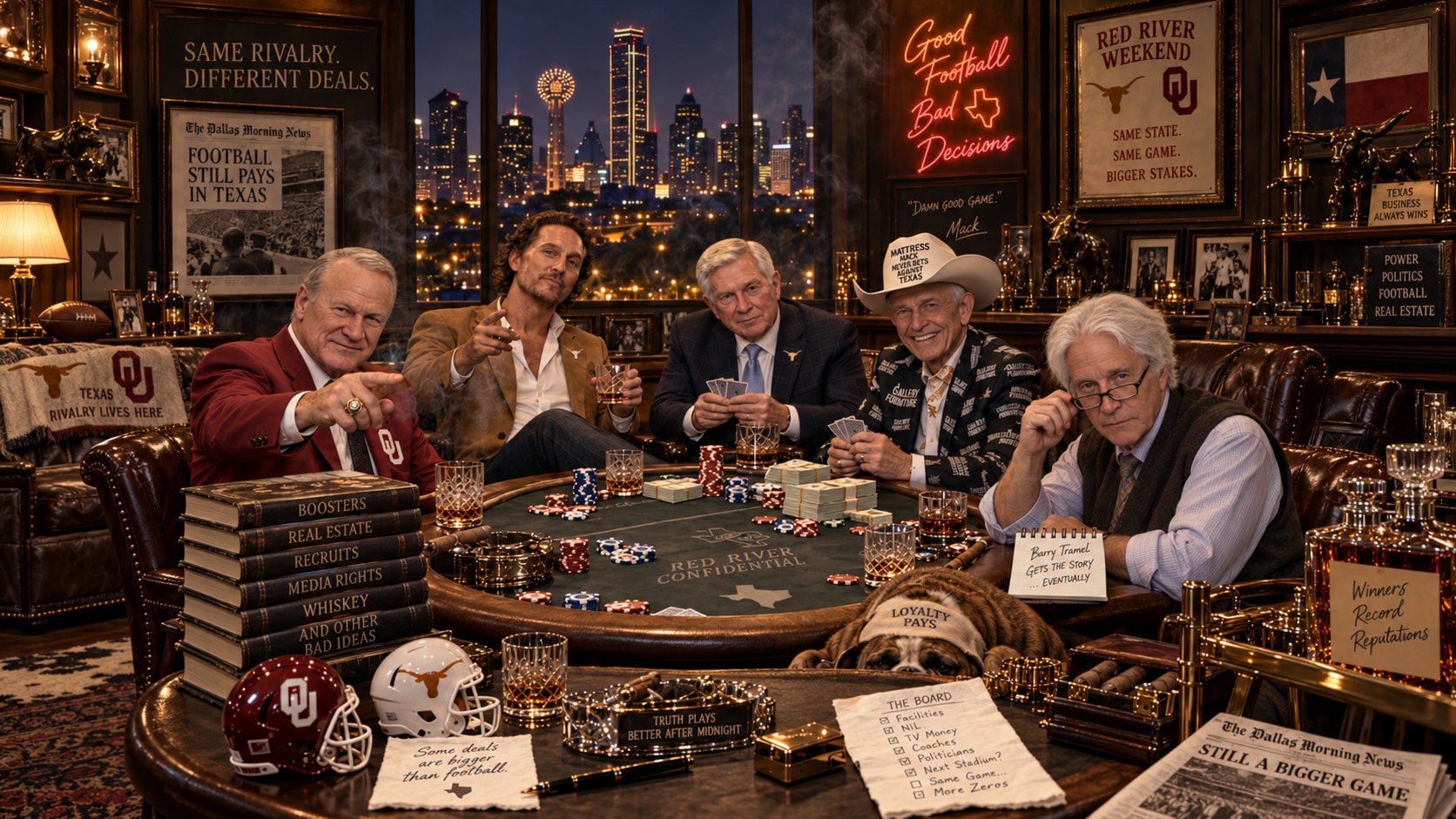 A backroom card game in Dallas, where rivalry results carry their own price.