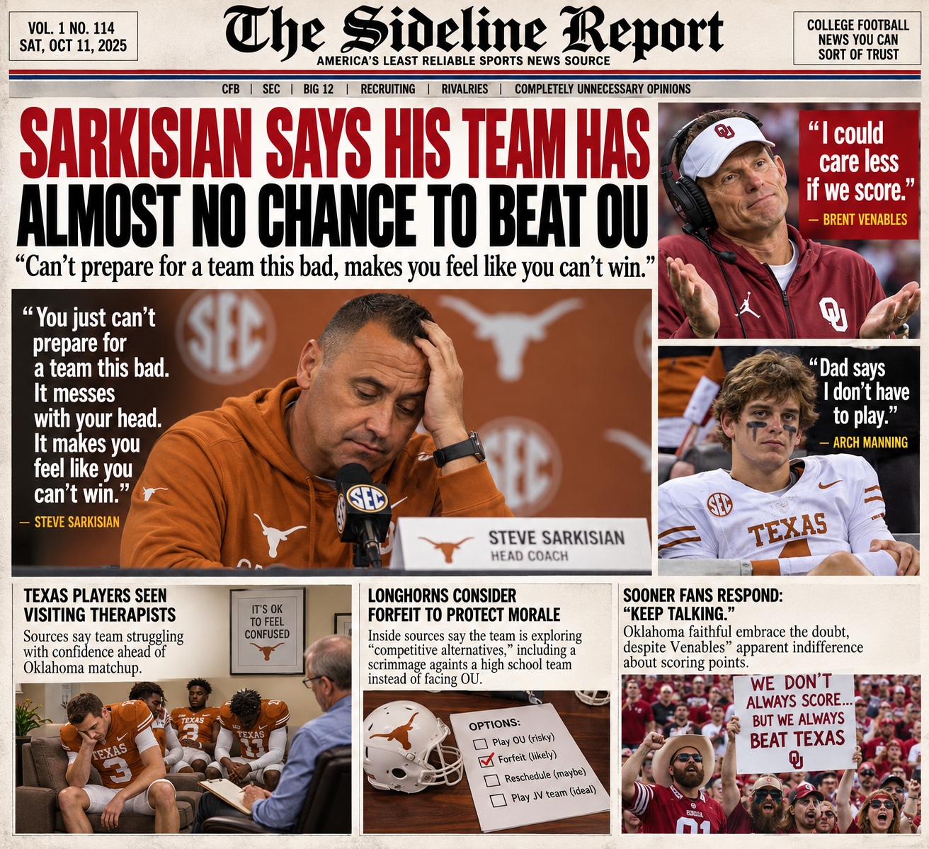 Sarkisian says his team has almost no chance to beat OU
