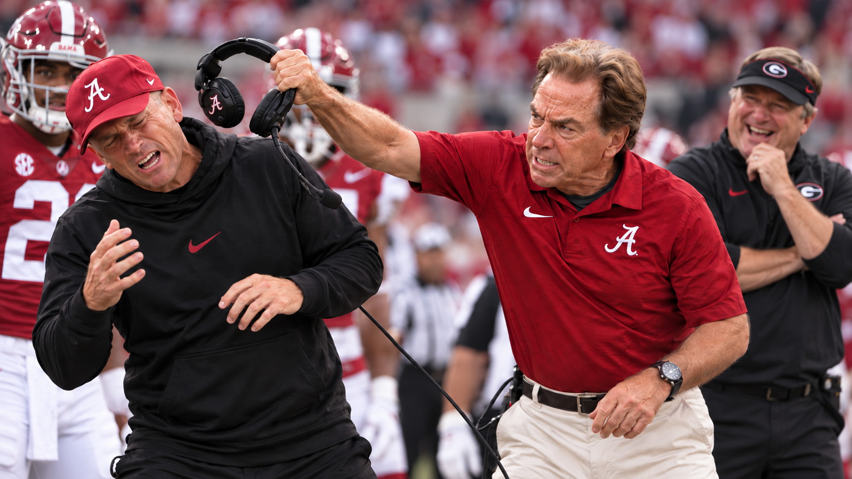 Nick Saban pulls the headset off Kalen DeBoer while Kirby Smart laughs in the background.