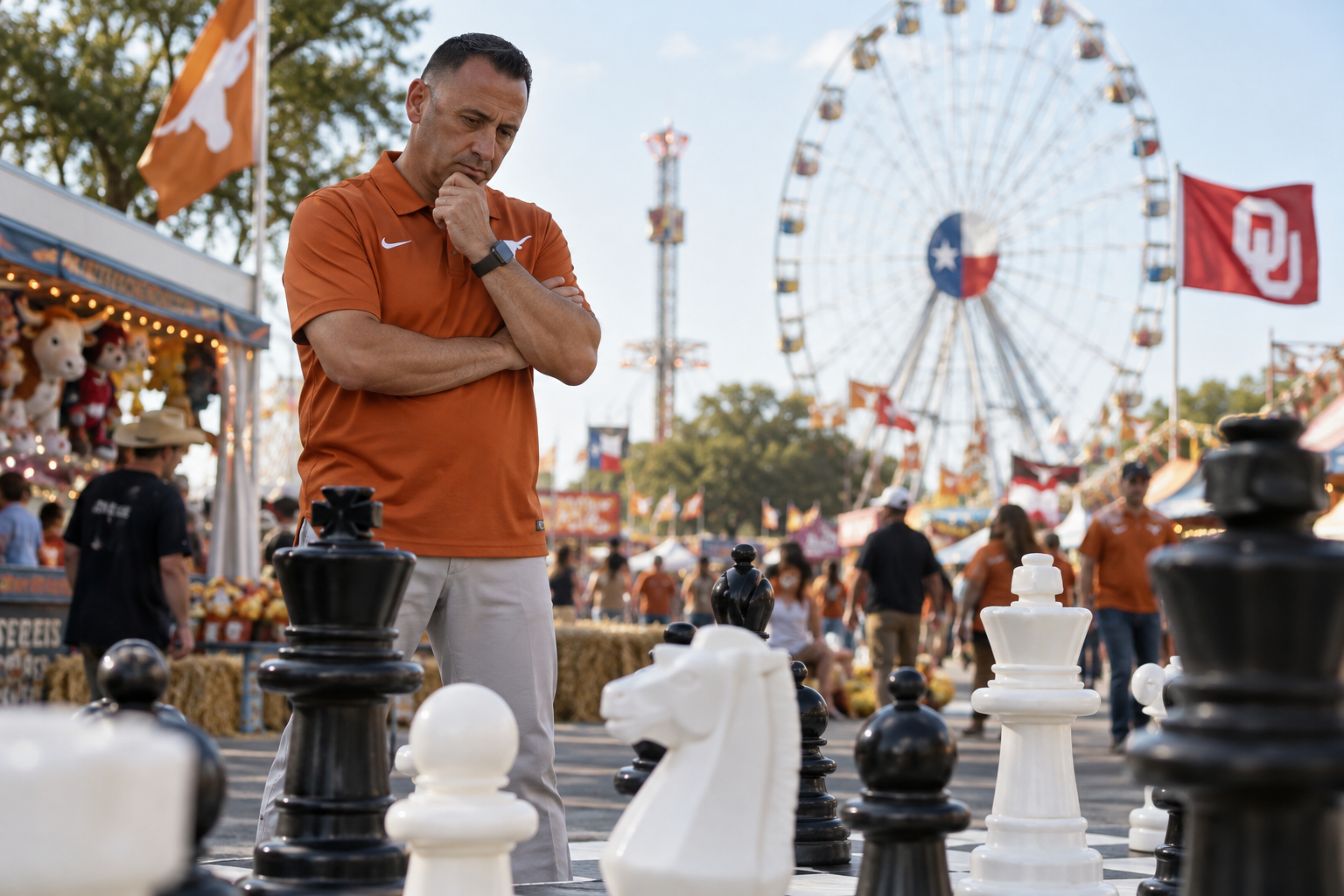 Steve Sarkisian studies an oversized chessboard at the Texas State Fair.