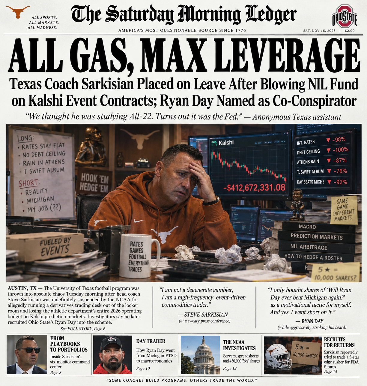 Satirical artwork of Steve Sarkisian at a trading desk, surrounded by plunging charts and a $412 million loss.