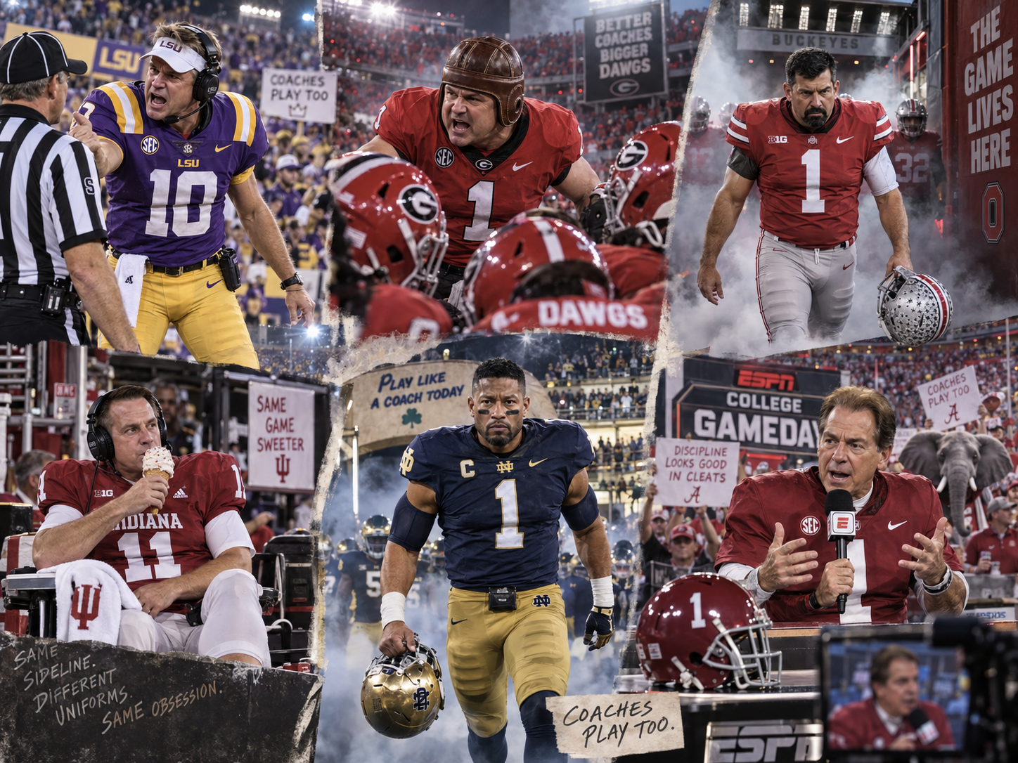 Kiffin, Smart, Day, Cignetti, Freeman and Saban suit up. Cignetti is saving one hand for the ice cream.