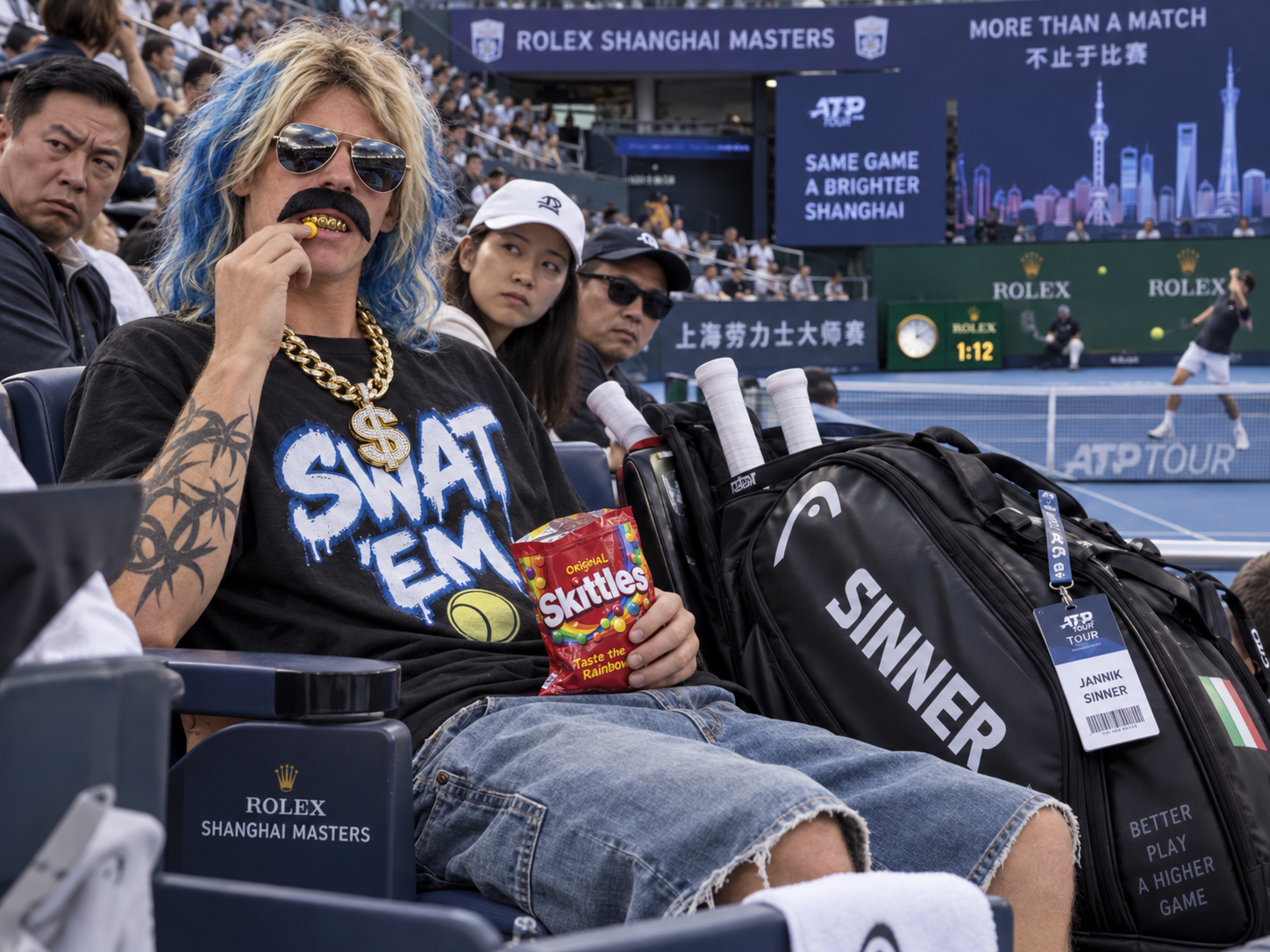 “Chad Skittles” watches from the stands beside a bag labeled SINNER and a badge labeled Jannik Sinner.