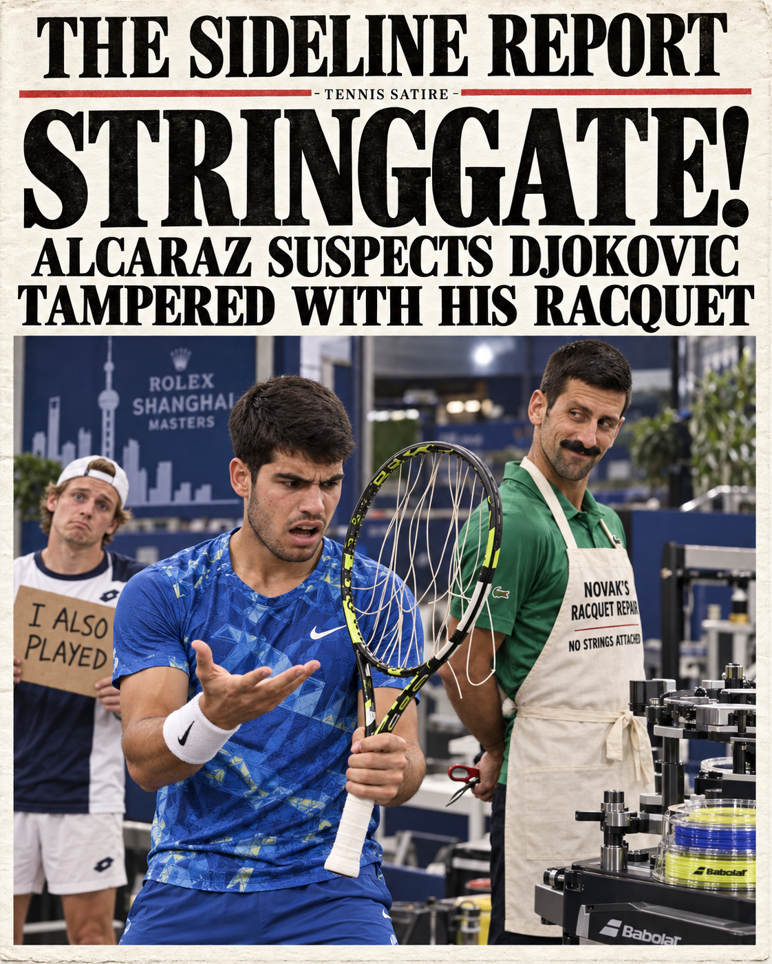 Alcaraz inspects his sagging racquet strings while Djokovic offers repairs and Bergs reminds everyone he also played. AI-generated sports-satire artwork.