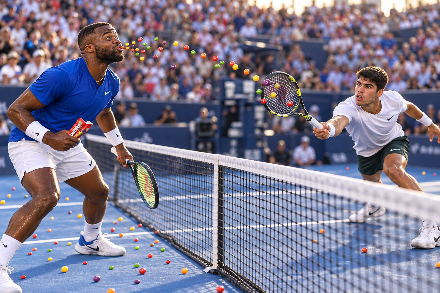 Taste the rainbow. Return the rainbow. Alcaraz attempts to volley Tiafoe’s Skittles serve.