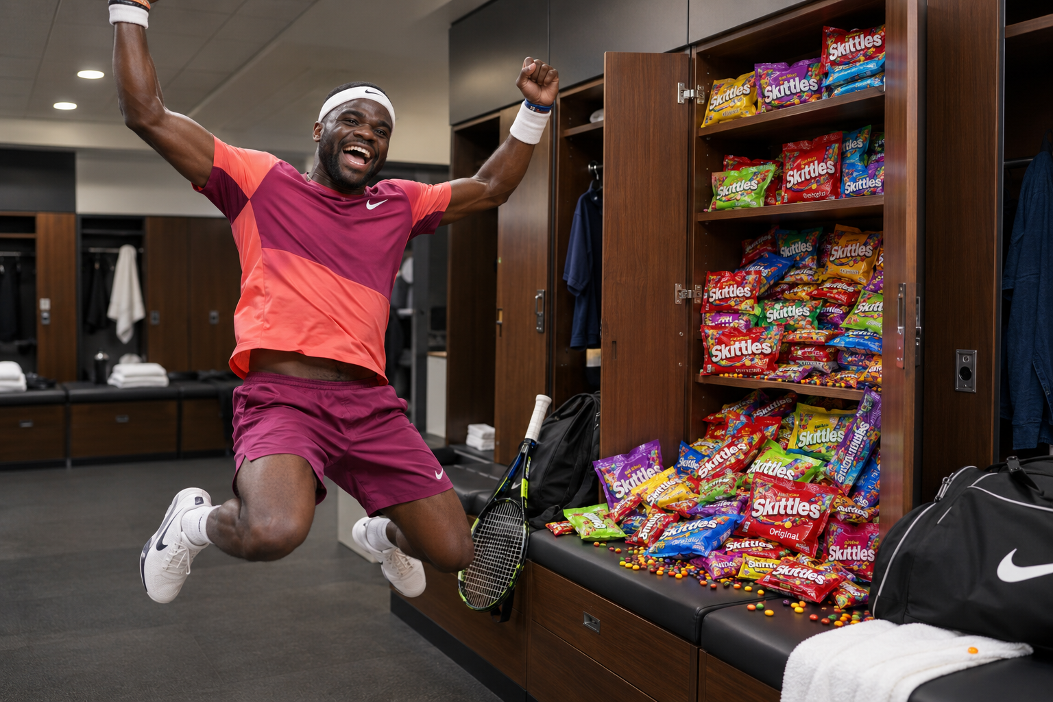 Tiafoe jumps for joy as locker stocked with every Skittle ever made