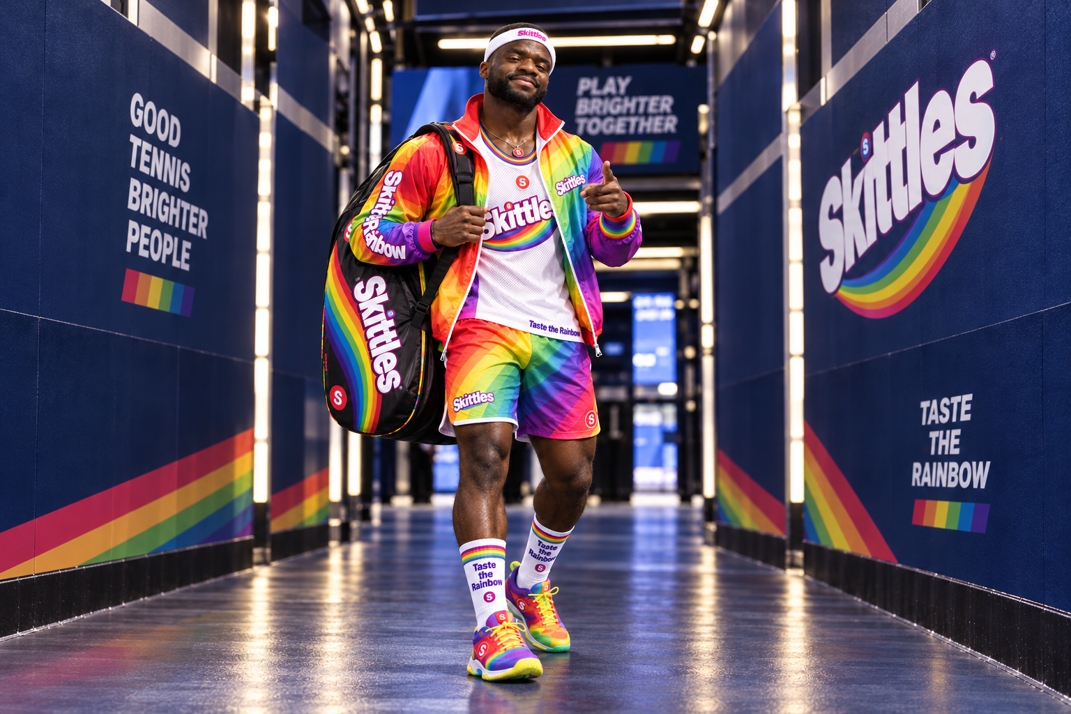 Tiafoe arrives in head-to-toe Skittles apparel, right down to the “Taste the Rainbow” socks.
