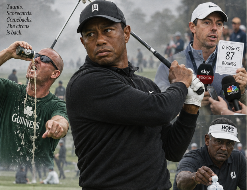 Tiger Woods leads golf’s comeback circus, with Rory’s 87-round scorecard, David Duval and Vijay Singh.
