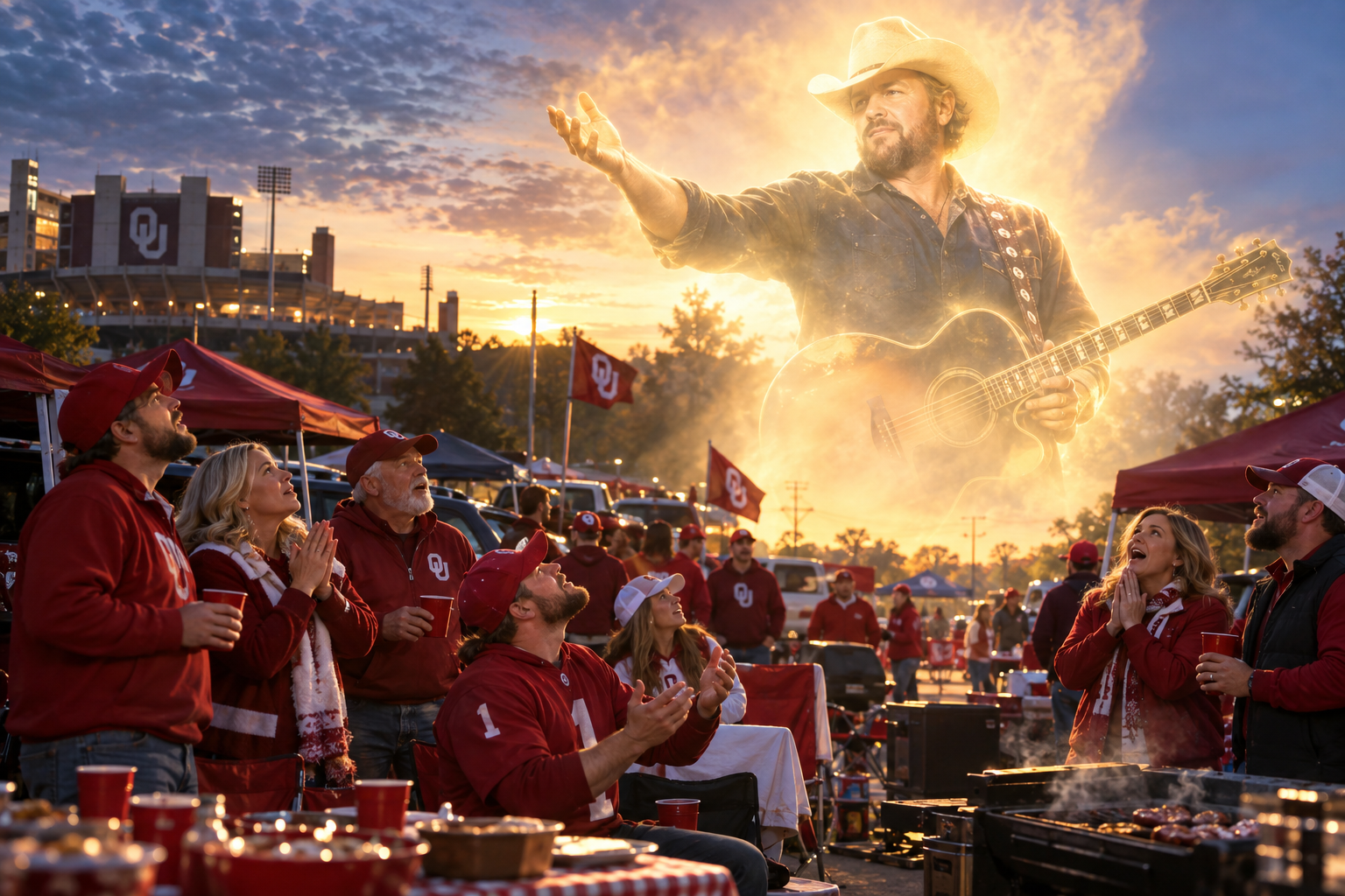 Surreal a glowing Toby Keith apparition addresses stunned OU tailgaters.