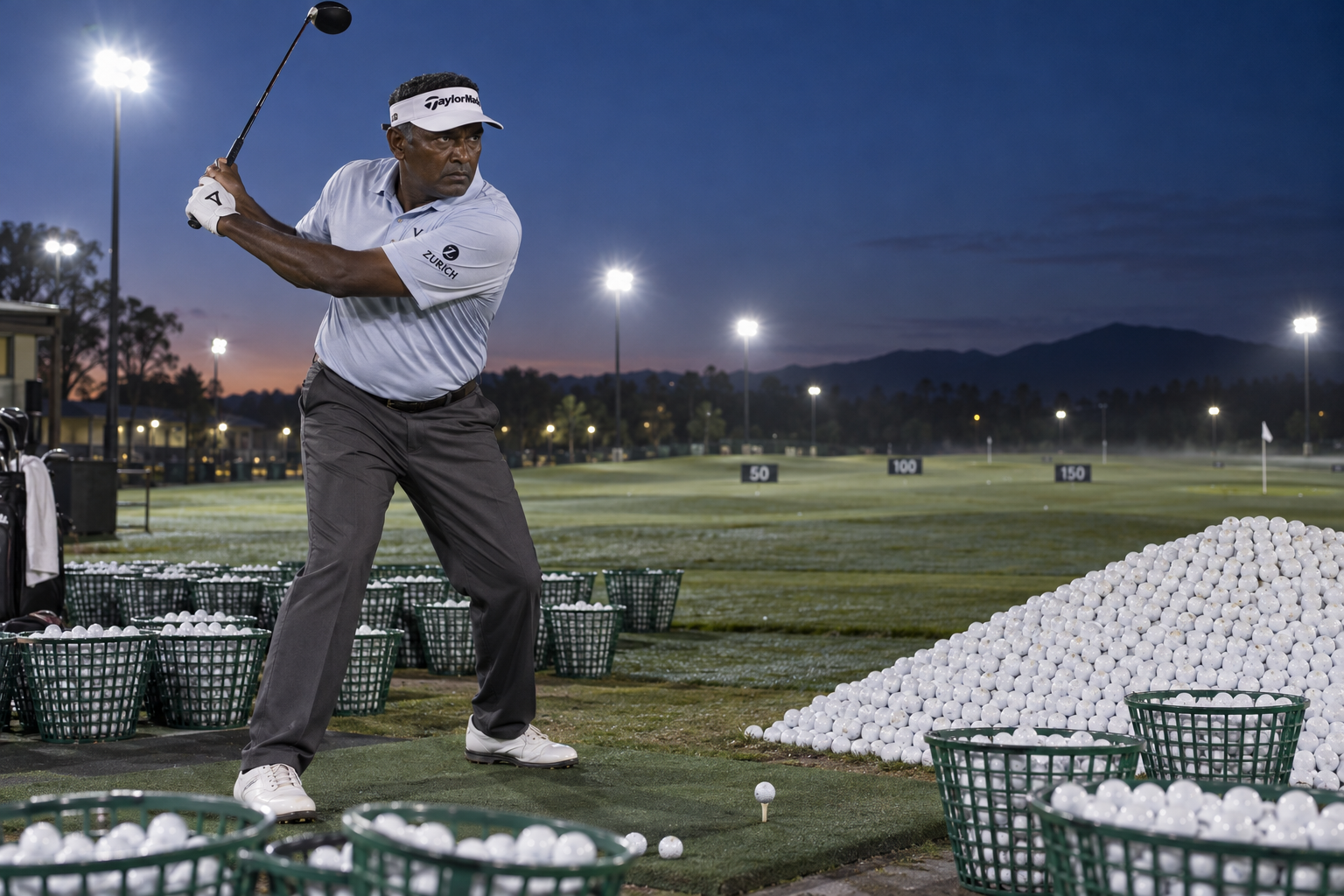 Vijay Singh practices before dawn with an extraordinary supply of range balls.